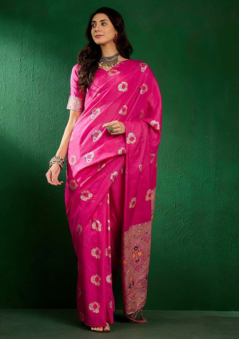 Baby Pink Embroidered Silk Blend Saree Set for Diwali and Festive Wear - Indya