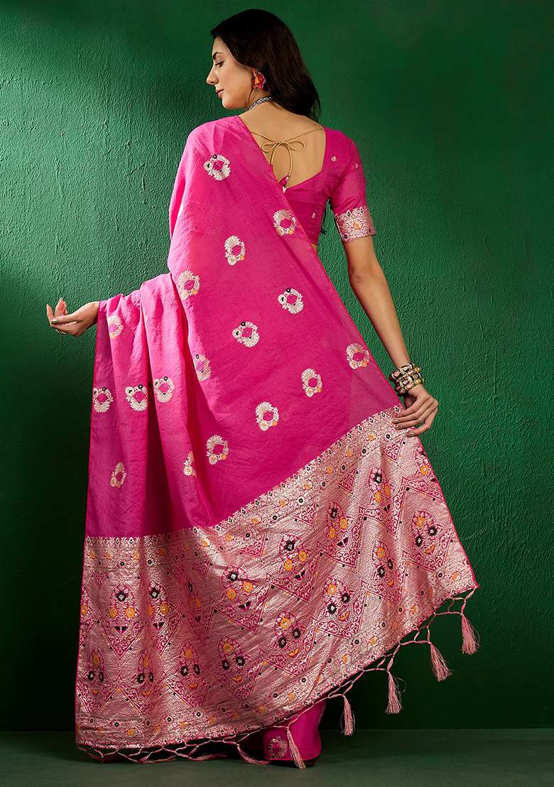 Baby Pink Embroidered Silk Blend Saree Set for Diwali and Festive Wear - Indya