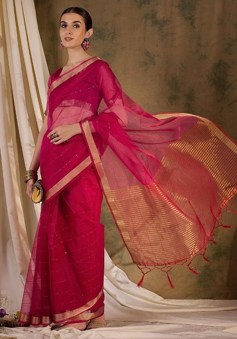 Pink Embroidered Silk Saree Set