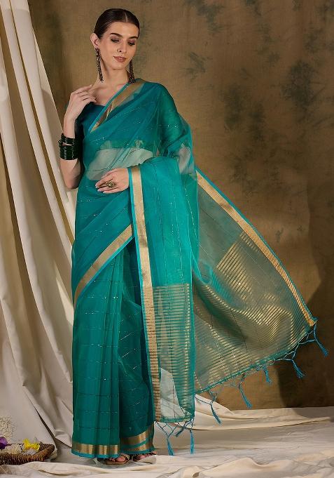 Teal Embroidered Silk Saree Set