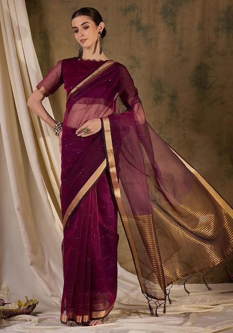 Wine Embroidered Silk Saree Set