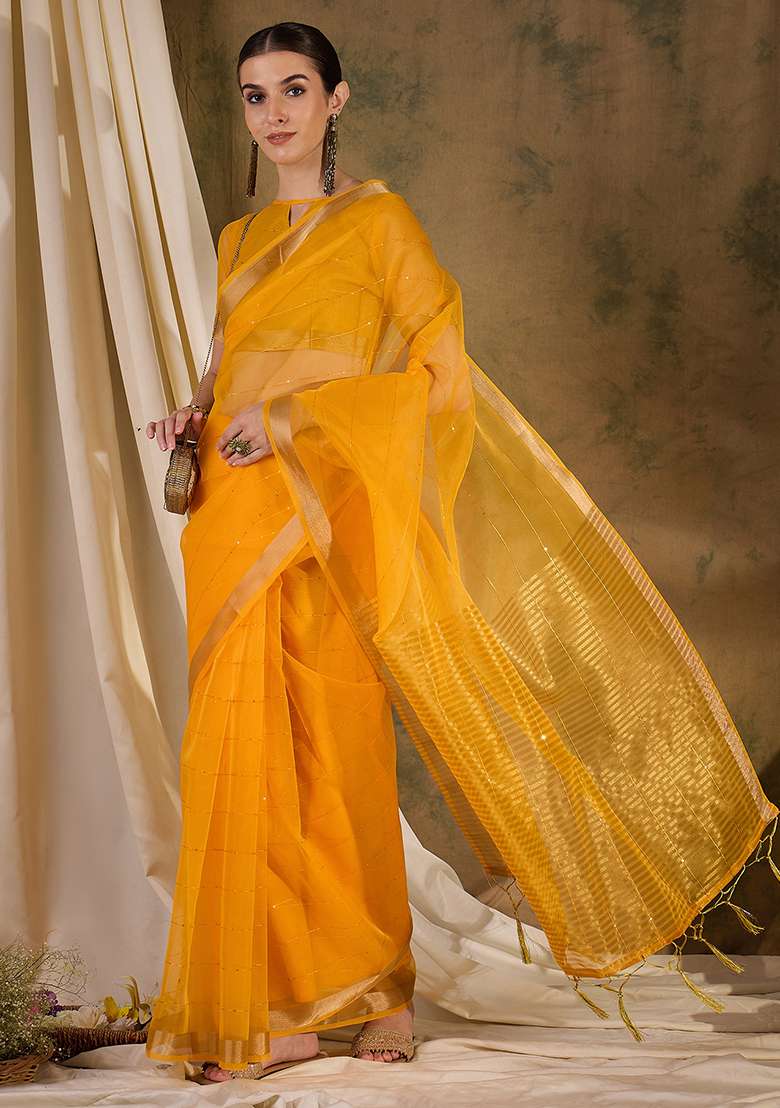 Yellow Embroidered Silk Saree Set - Indya