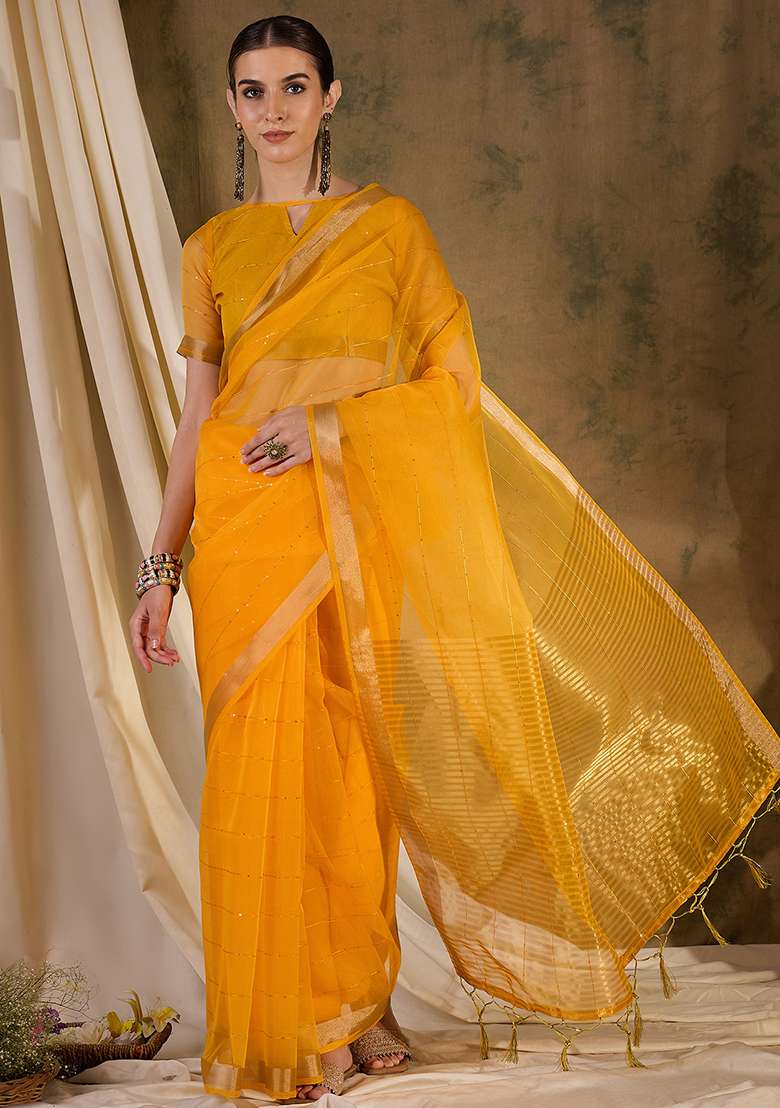 Yellow Embroidered Silk Saree Set - Indya