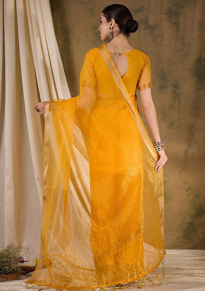 Yellow Embroidered Silk Saree Set - Indya