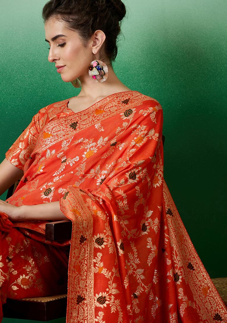 Orange Embroidered Jacquard Saree Set - Indya