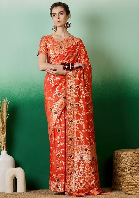 Orange Embroidered Jacquard Saree Set