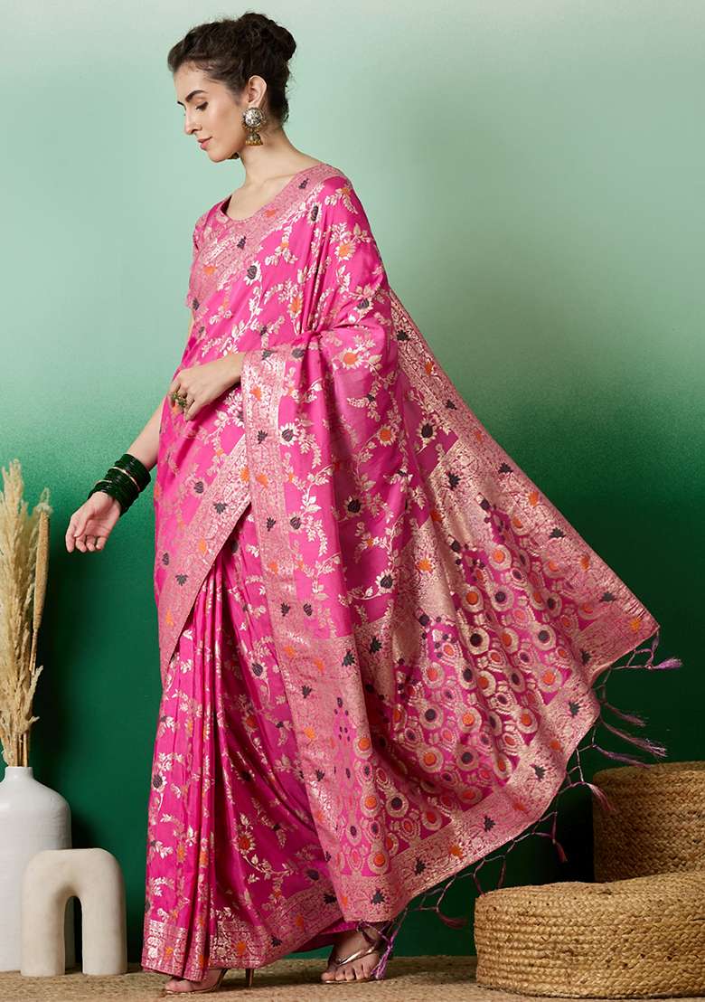 Pink Embroidered Jacquard Saree Set - Indya