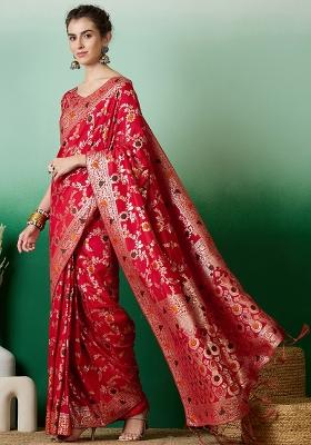 Red Embroidered Jacquard Saree Set
