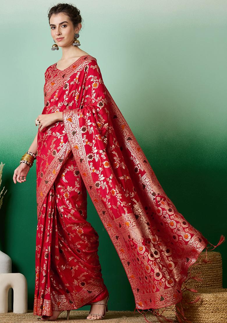 Red Embroidered Jacquard Saree Set