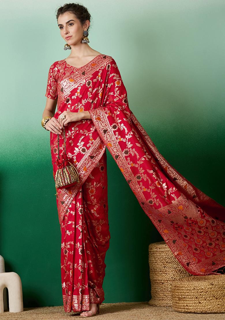 Red Embroidered Jacquard Saree Set