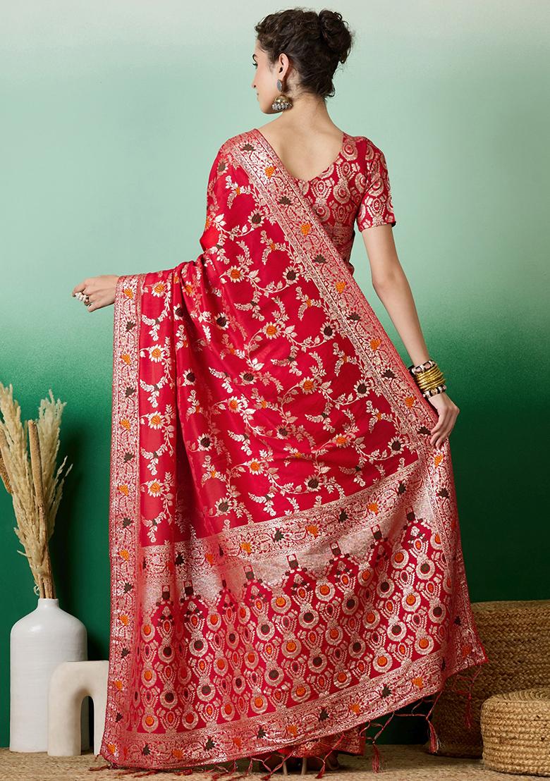 Red Embroidered Jacquard Saree Set