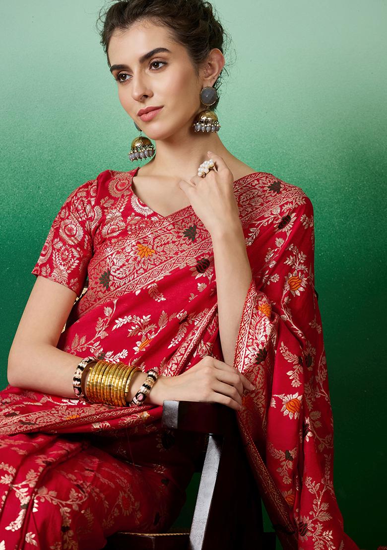 Red Embroidered Jacquard Saree Set