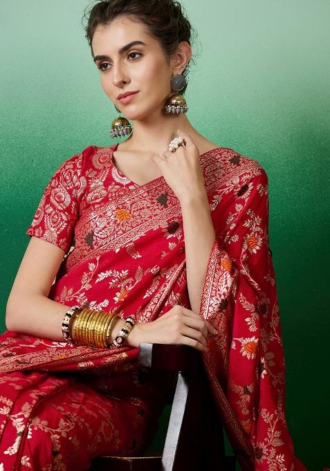 Red Embroidered Jacquard Saree Set