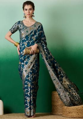 Teal Embroidered Jacquard Saree Set