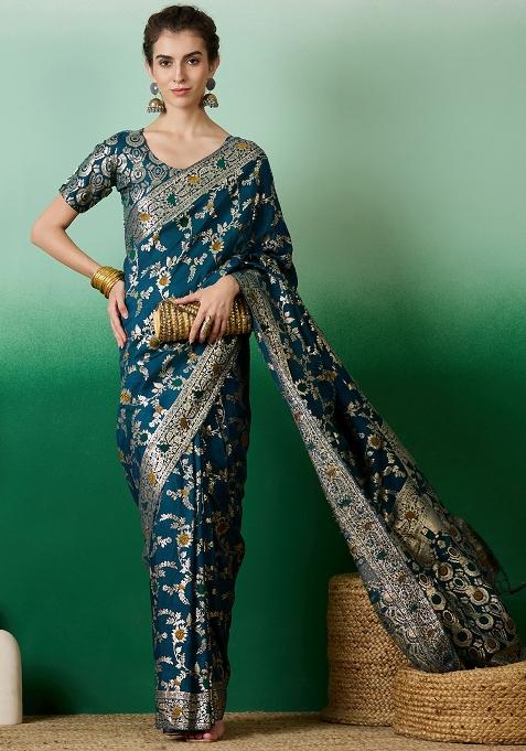Teal Embroidered Jacquard Saree Set