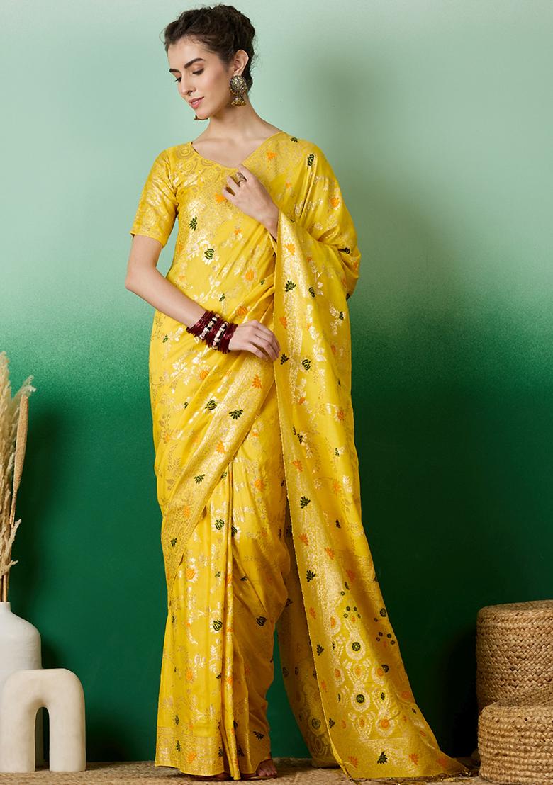 Yellow Embroidered Jacquard Saree Set
