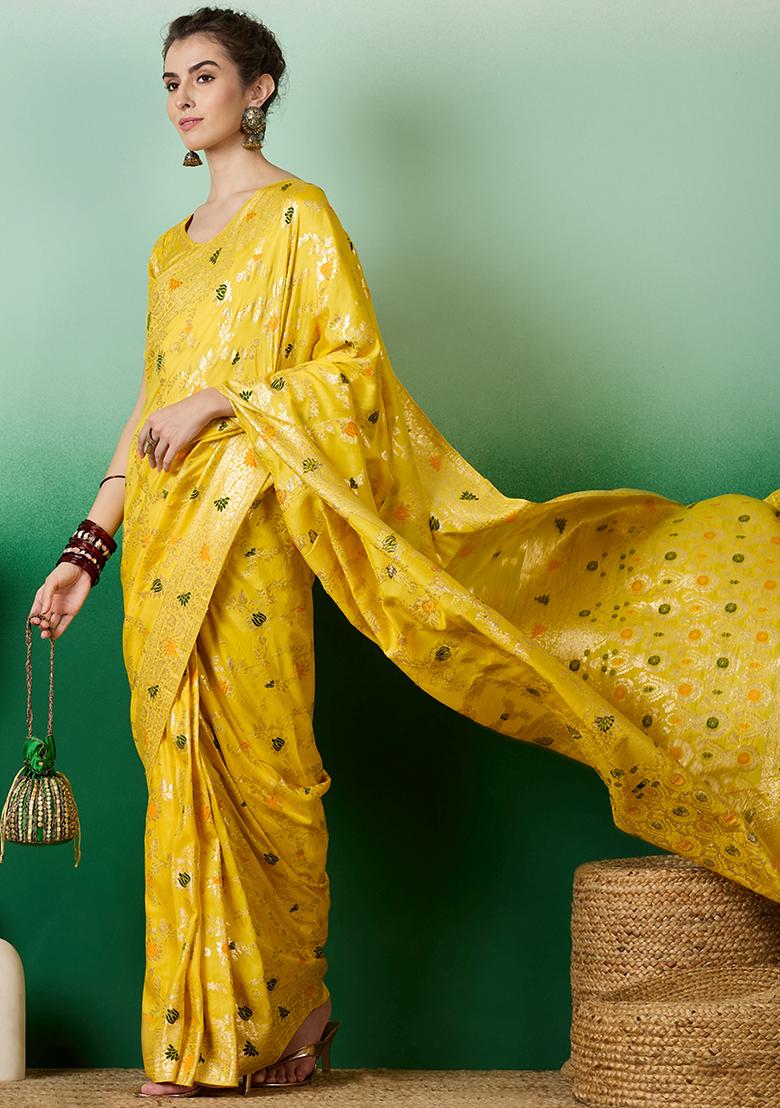 Yellow Embroidered Jacquard Saree Set