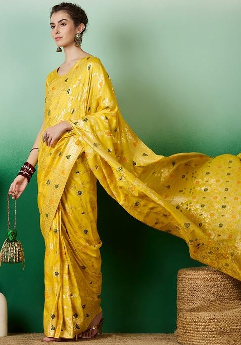 Yellow Embroidered Jacquard Saree Set