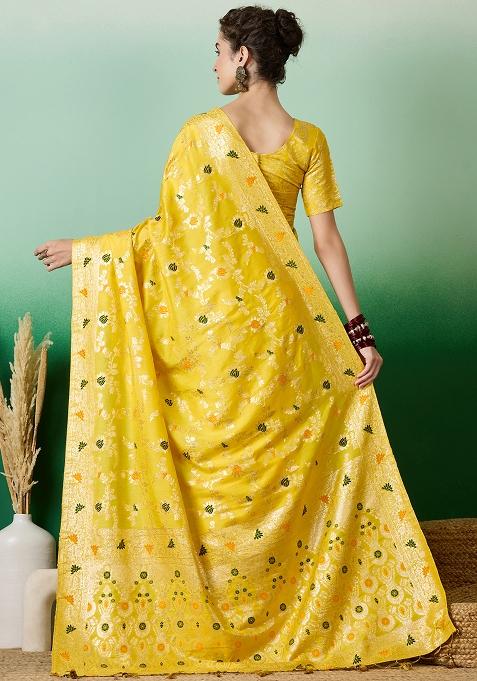 Yellow Embroidered Jacquard Saree Set