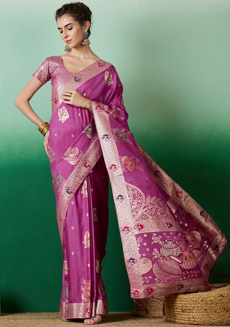 Lavender Embroidered Jacquard Saree Set