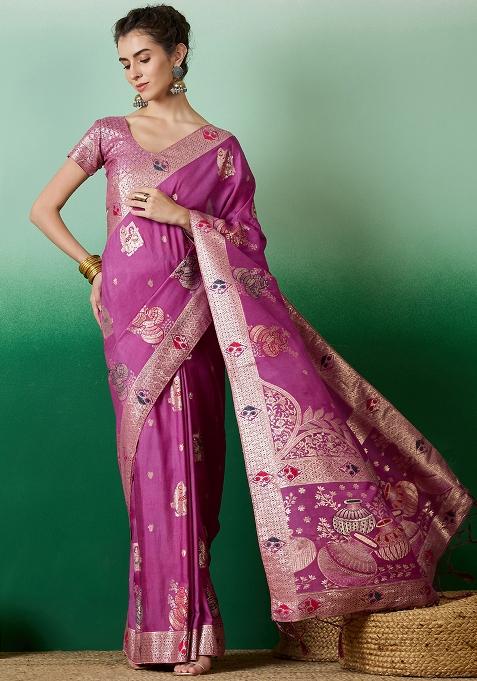 Lavender Embroidered Jacquard Saree Set