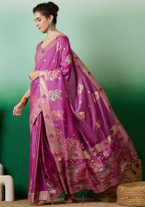 Lavender Embroidered Jacquard Saree Set