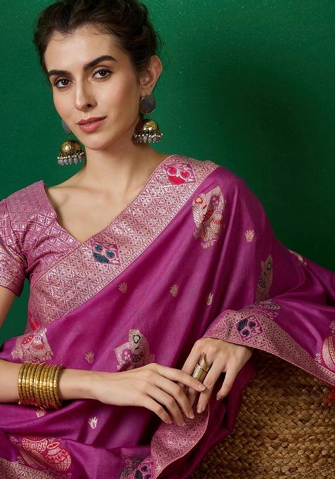 Lavender Embroidered Jacquard Saree Set