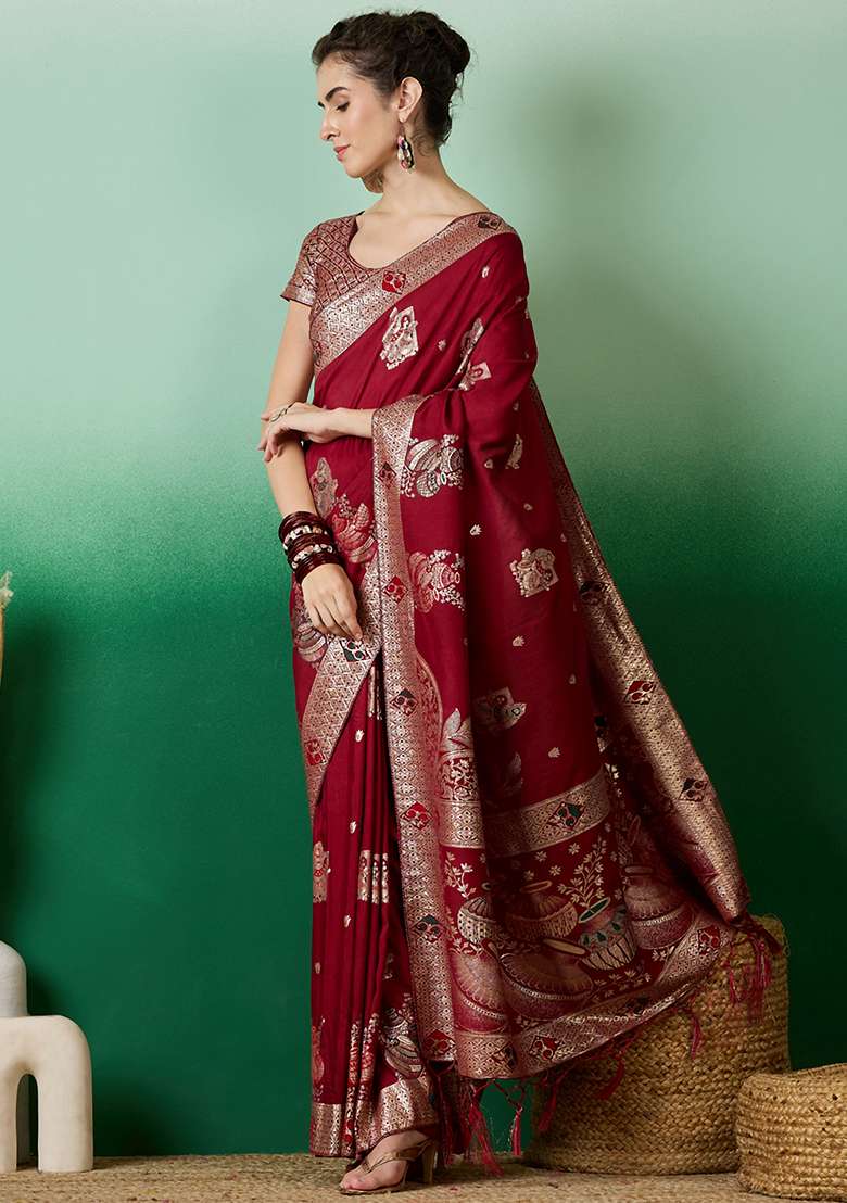 Maroon Embroidered Jacquard Saree Set for Diwali and Festive Wear - Indya