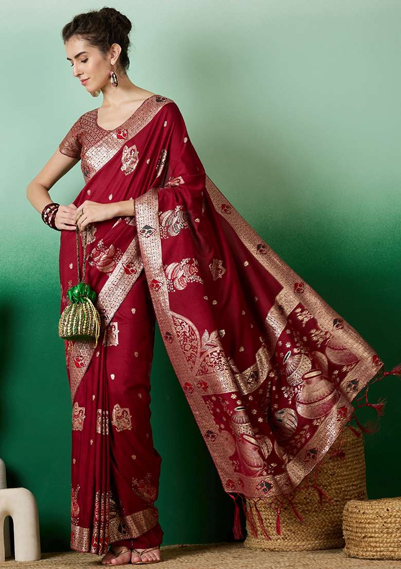 Maroon Embroidered Jacquard Saree Set for Diwali and Festive Wear - Indya