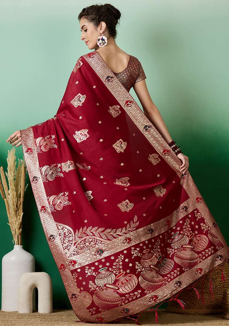 Maroon Embroidered Jacquard Saree Set for Diwali and Festive Wear - Indya