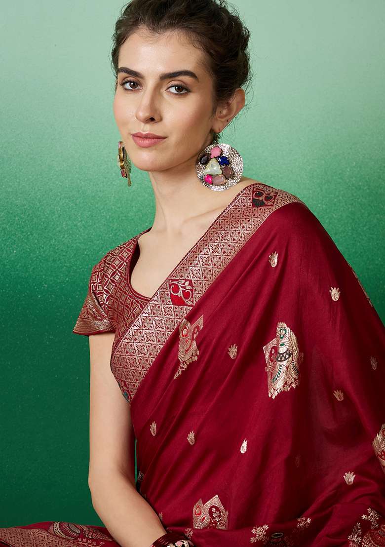 Maroon Embroidered Jacquard Saree Set for Diwali and Festive Wear - Indya