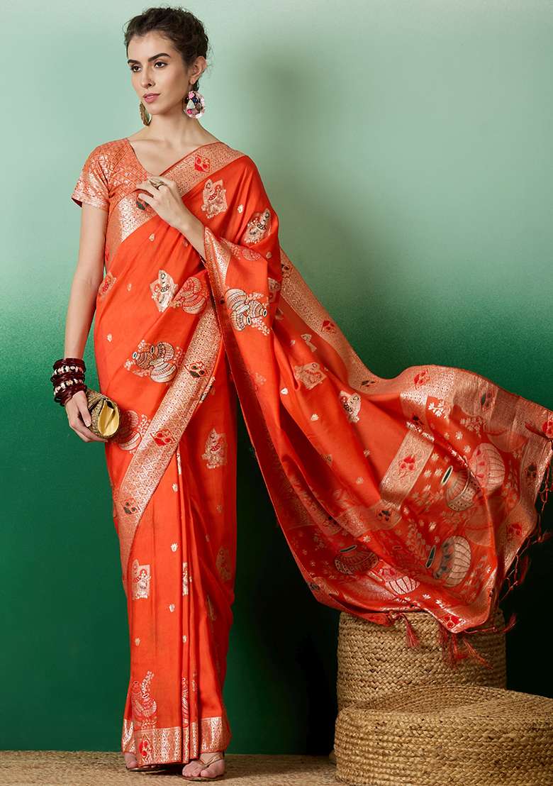 Orange Embroidered Jacquard Saree Set - Indya