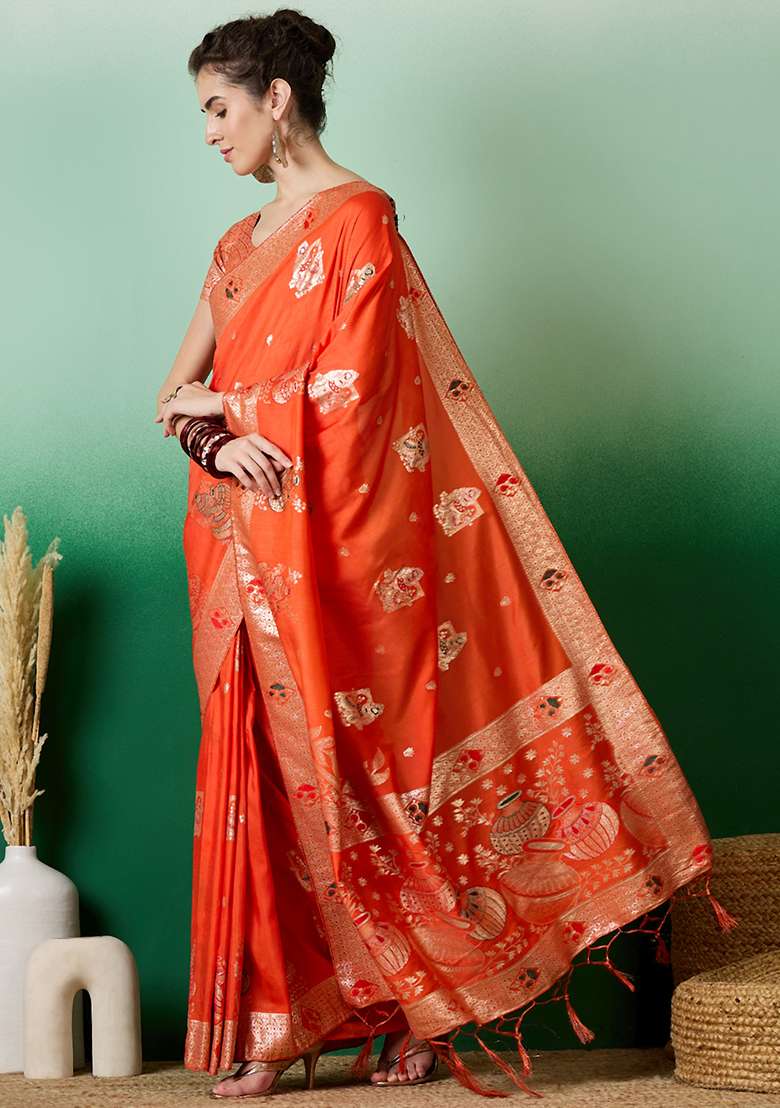 Orange Embroidered Jacquard Saree Set - Indya