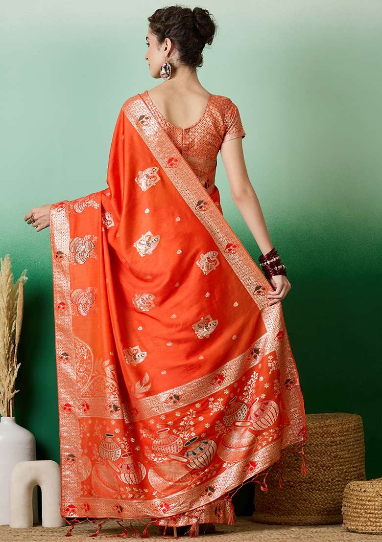 Orange Embroidered Jacquard Saree Set - Indya