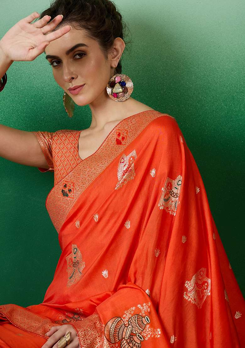 Orange Embroidered Jacquard Saree Set - Indya