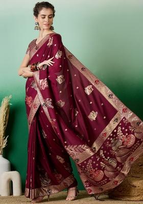Wine Embroidered Jacquard Saree Set
