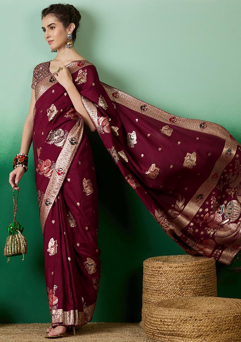 Wine Embroidered Jacquard Saree Set