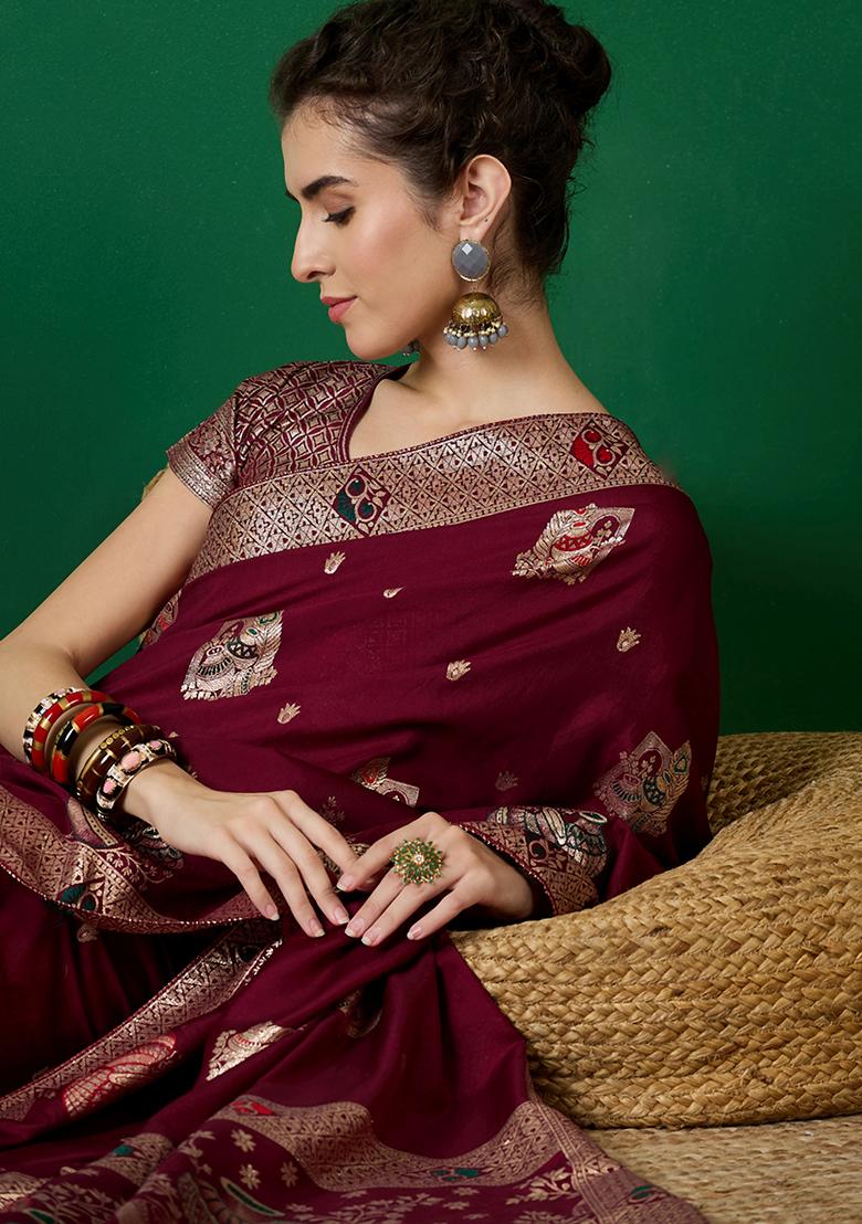 Wine Embroidered Jacquard Saree Set