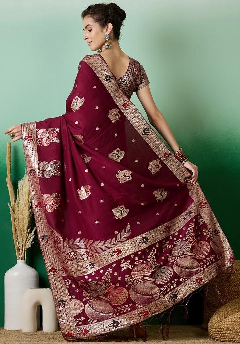 Wine Embroidered Jacquard Saree Set