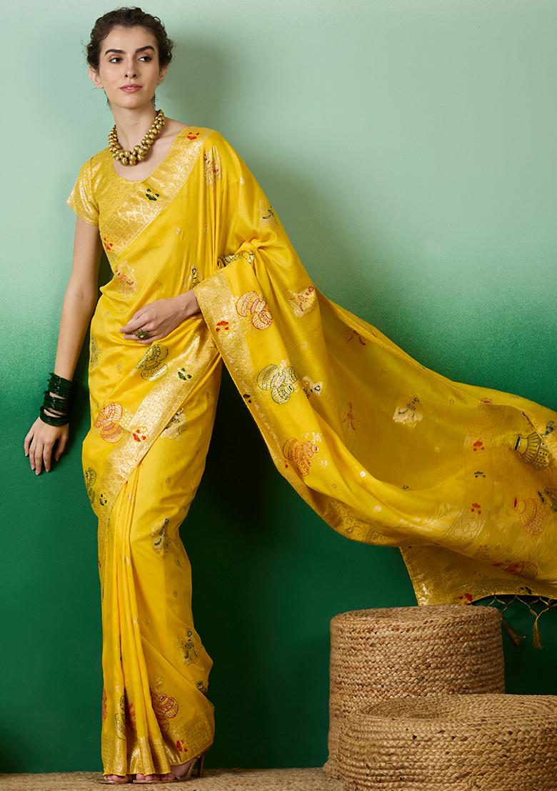 Yellow Embroidered Jacquard Saree Set