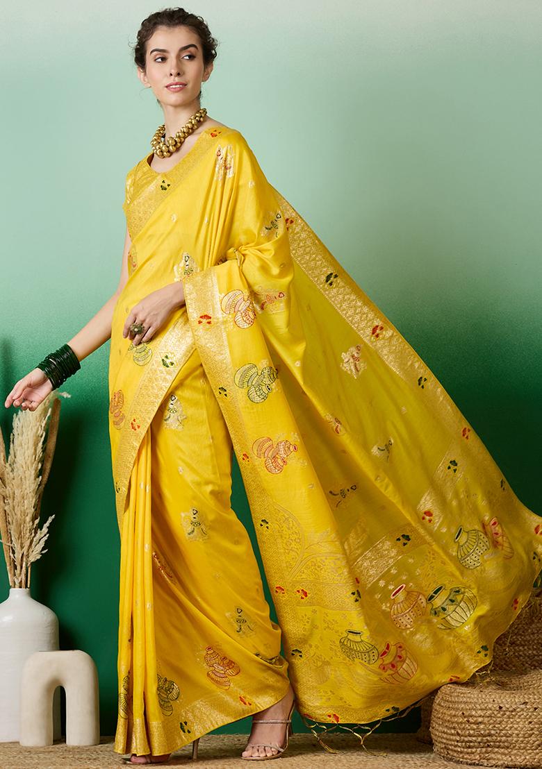 Yellow Embroidered Jacquard Saree Set