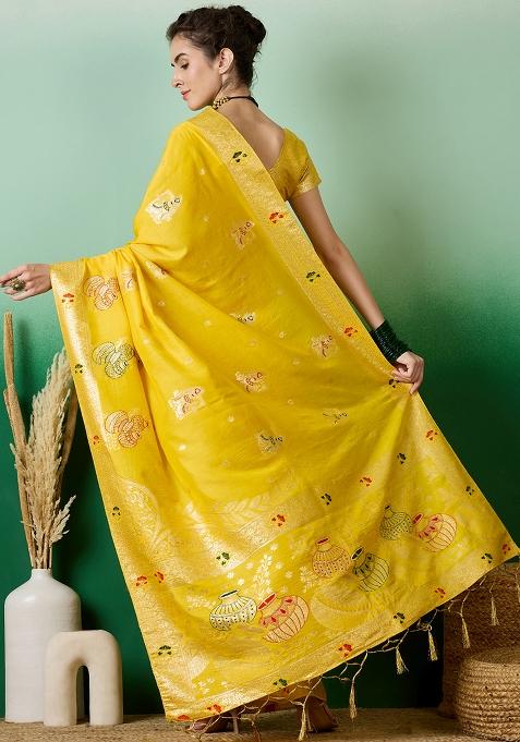 Yellow Embroidered Jacquard Saree Set