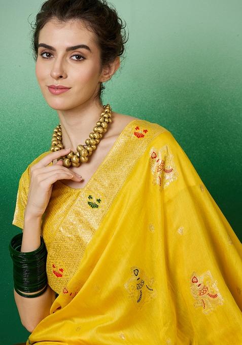 Yellow Embroidered Jacquard Saree Set