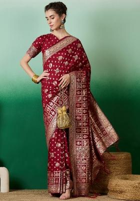 Maroon Embroidered Jacquard Saree Set