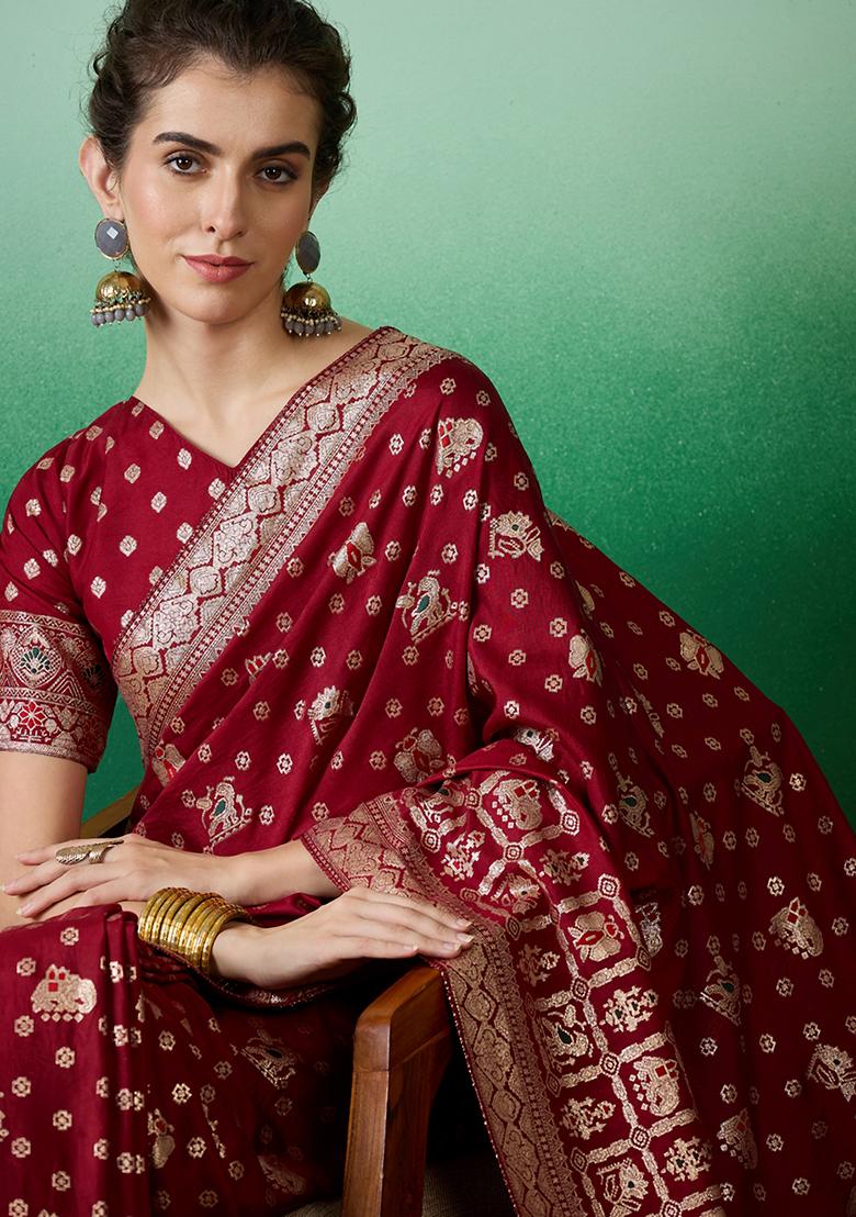 Maroon Embroidered Jacquard Saree Set - Indya