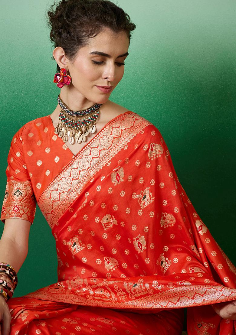 Orange Embroidered Jacquard Saree Set - Indya