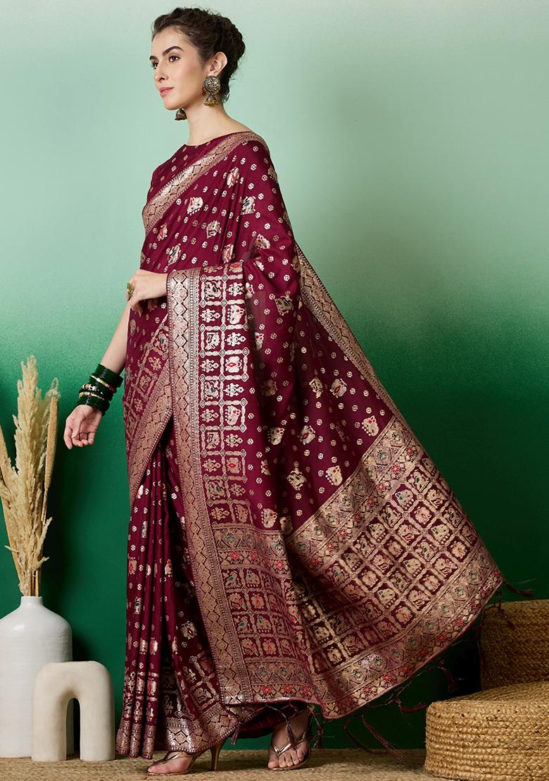 Wine Embroidered Jacquard Saree Set