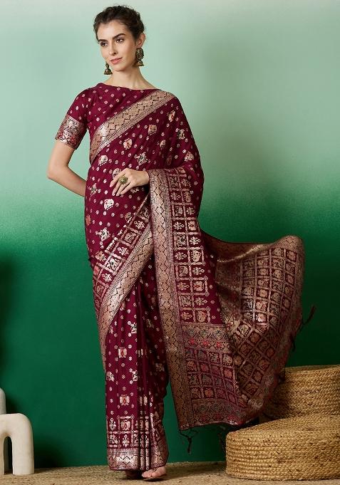 Wine Embroidered Jacquard Saree Set