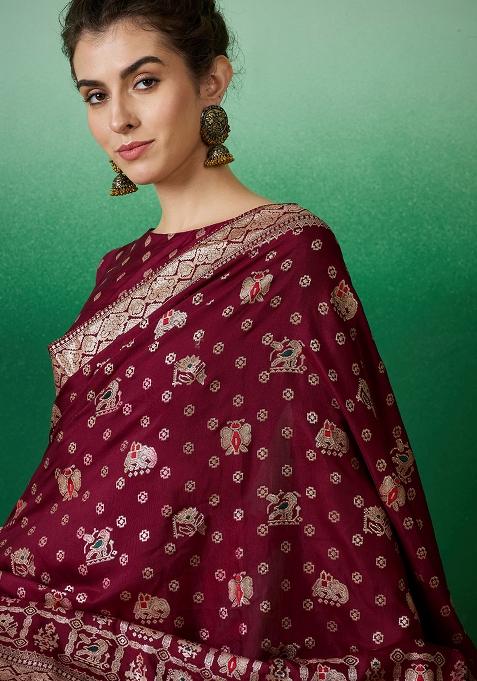 Wine Embroidered Jacquard Saree Set
