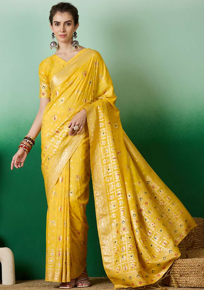 Yellow Jacquard Saree Set with Embroidered for Diwali | Wedding & Festive Wear - Indya